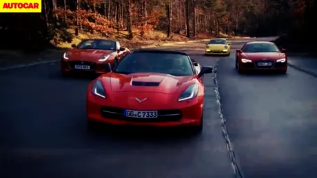 AUTOCAR: Chevrolet Corvette C7 Stingray vs. Porsche 911, Jaguar F-Type V8 S şi Audi R8. TEST VIDEO