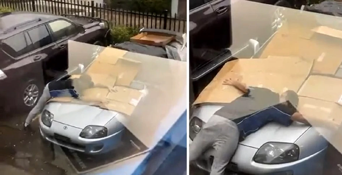 Un bărbat își folosește propriul corp pentru a-și proteja mașina de o furtună cu grindină – VIDEO