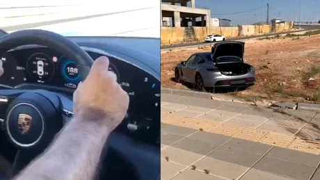 Un Porsche Taycan își găsește sfârșitul într-un sens giratoriu - VIDEO