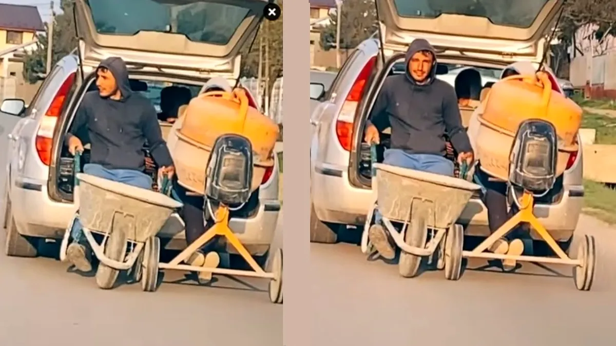 Dorel în acțiune. Doi bărbați țin o roabă și o betonieră din portbagajul unei mașini. VIDEO