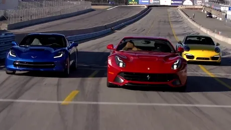 VIDEO: Noul Corvette, aruncat în ring alături de Ferrari F12 Berlinetta şi Porsche 911 4S