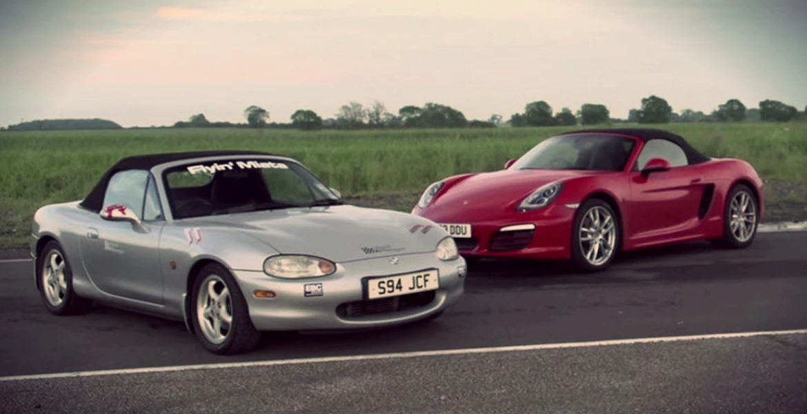 Care e mai rapidă? Mazda MX-5 modificată vs. Porsche Boxster. VIDEO