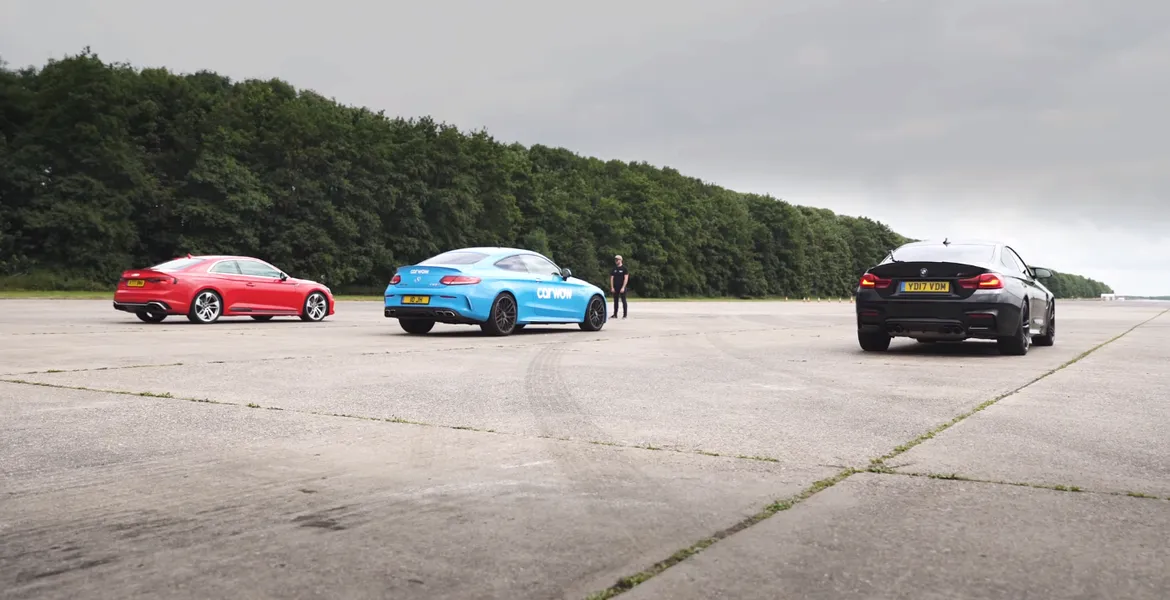 Întrecere tip liniuţă şi start lansat între Audi RS5 2017, BMW M4 şi Mercedes C63 S AMG. Care e mai bun, care câştigă?