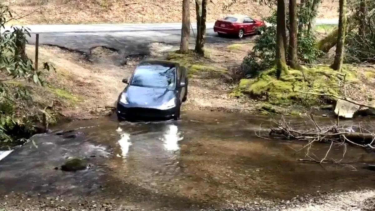 Tesla la apă! Un șofer luat peste picior după ce s-a lăudat că a făcut off-road cu un Model Y