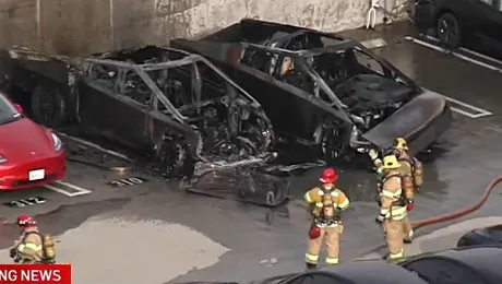 Două Tesla Cybertruck au ars într-o parcare. Autoritățile nu știu încă de la ce a pornit incendiul