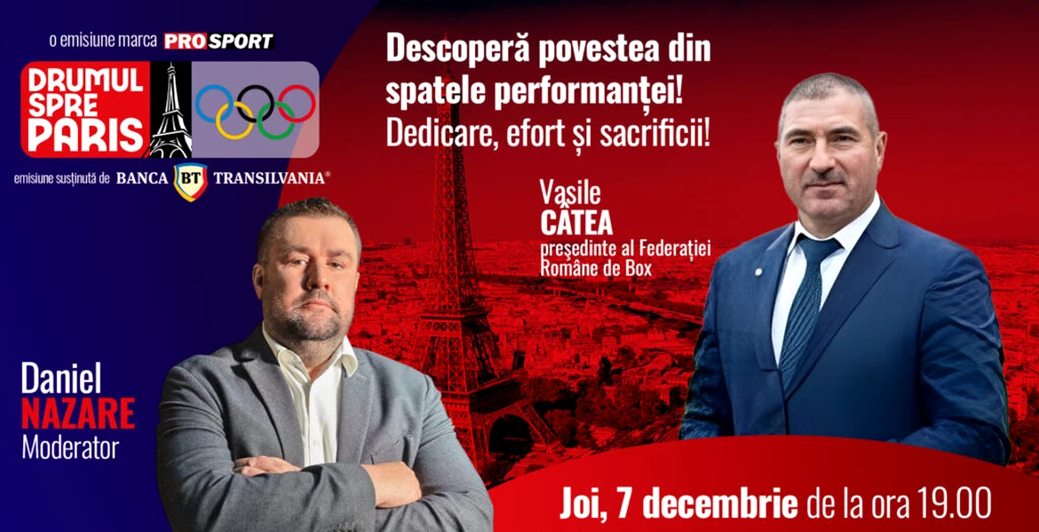 Vasile Câtea, preşedinte al Federaţiei Române de Box, este invitatul emisiunii ,,Drumul spre Paris’’ de joi, 7 decembrie, de la ora 19:00