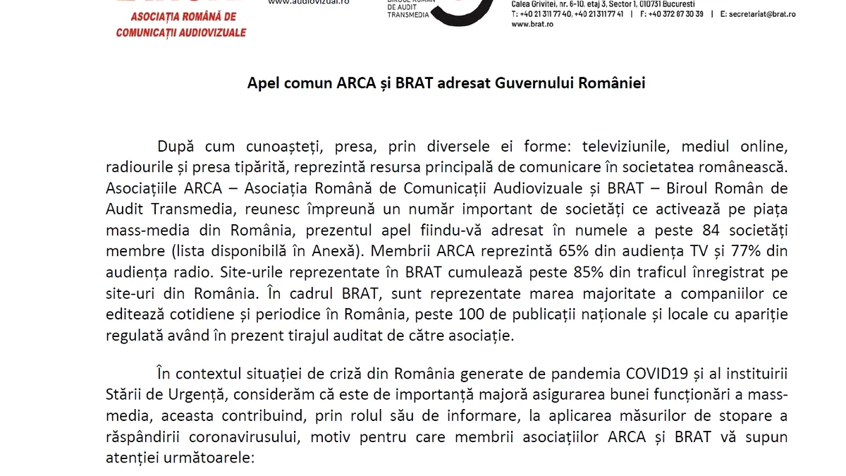 Apel comun ARCA și BRAT adresat Guvernului României