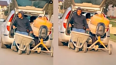 Dorel în acțiune. Doi bărbați țin o roabă și o betonieră din portbagajul unei mașini. VIDEO