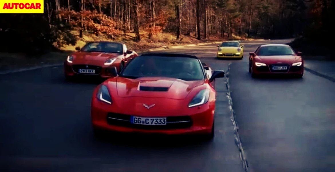 AUTOCAR: Chevrolet Corvette C7 Stingray vs. Porsche 911, Jaguar F-Type V8 S şi Audi R8. TEST VIDEO