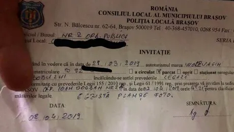 Un şofer care parcase neregulamentar în Braşov a fost amendat de Poliţia Locală, iar invitaţia a devenit virală pe Facebook