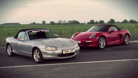 Care e mai rapidă? Mazda MX-5 modificată vs. Porsche Boxster. VIDEO