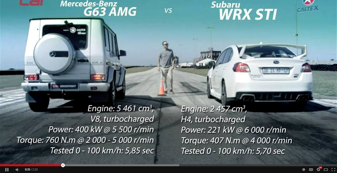 Liniuţă: Mercedes-Benz G63 AMG vs Subaru WRX STI. Cine e mai rapid?