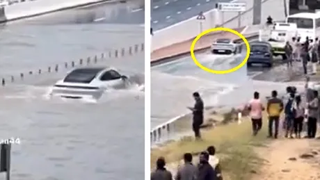 Porsche Taycan traversează cu ușurință o stradă complet inundată - VIDEO