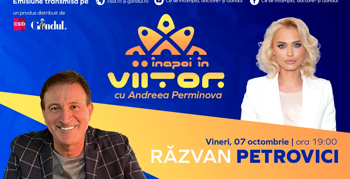 Răzvan Petrovici este invitat la ,,Înapoi în viitor cu Andreea Perminova’’, vineri, 7 octombrie, de la ora 19:00