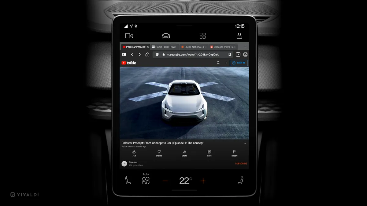 Vivaldi, primul browser pentru Android Auto, este disponibil pe modelul Polestar 2