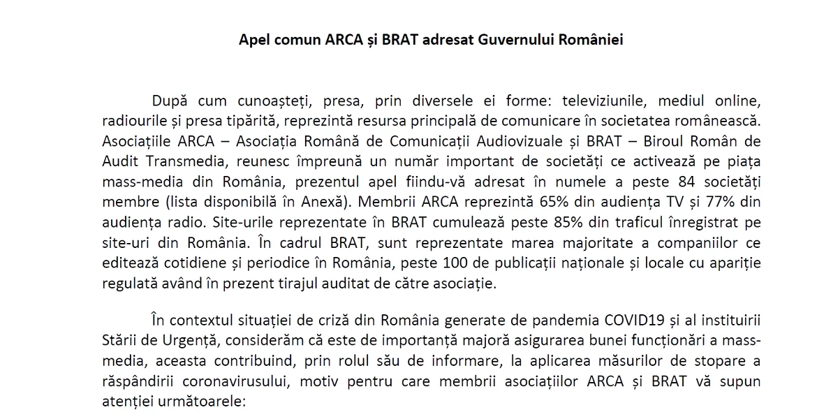 Apel comun ARCA și BRAT adresat Guvernului României