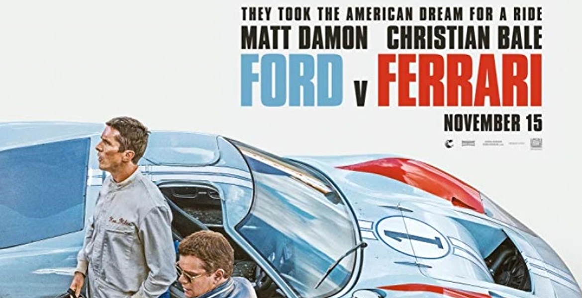 Invitație la film: Le Mans ’66 – Povestea legendarului duel Ford vs Ferrari. Actorii principali sunt Matt Damon și Christian Bale
