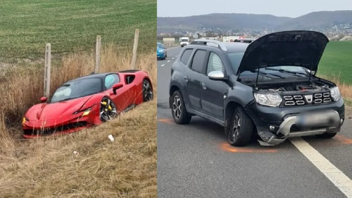 Un Ferrari a ajuns în șanț după contactul cu Dacia Duster - FOTO