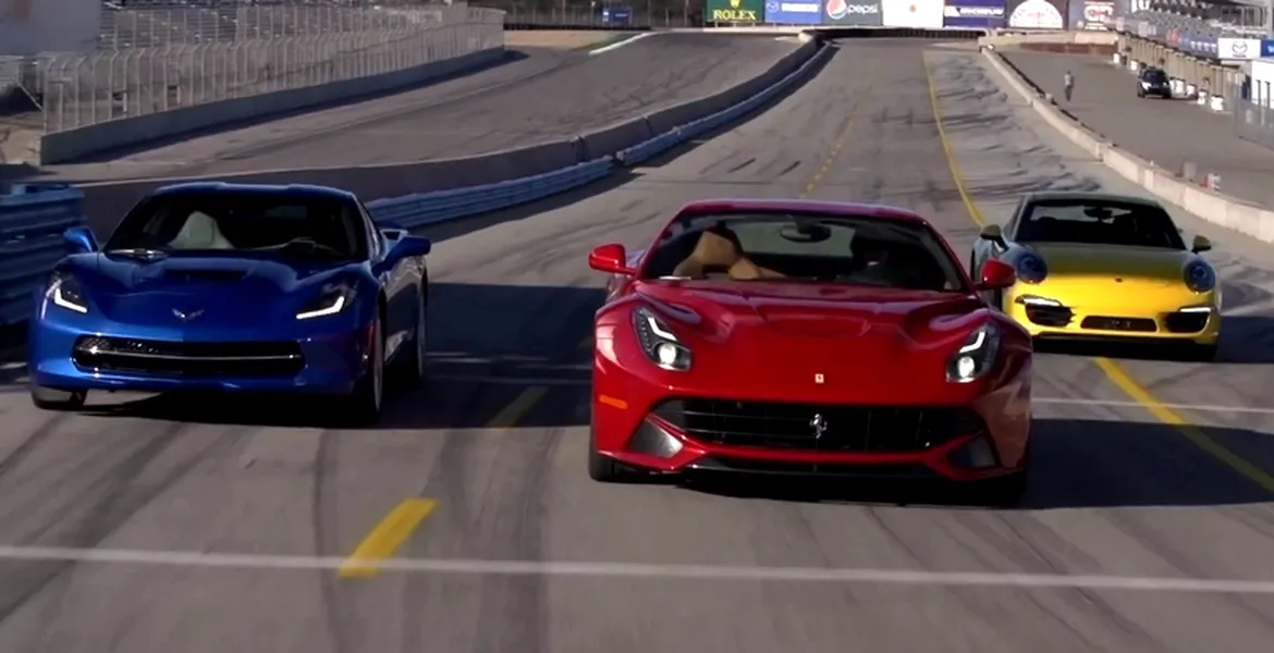 VIDEO: Noul Corvette, aruncat în ring alături de Ferrari F12 Berlinetta şi Porsche 911 4S