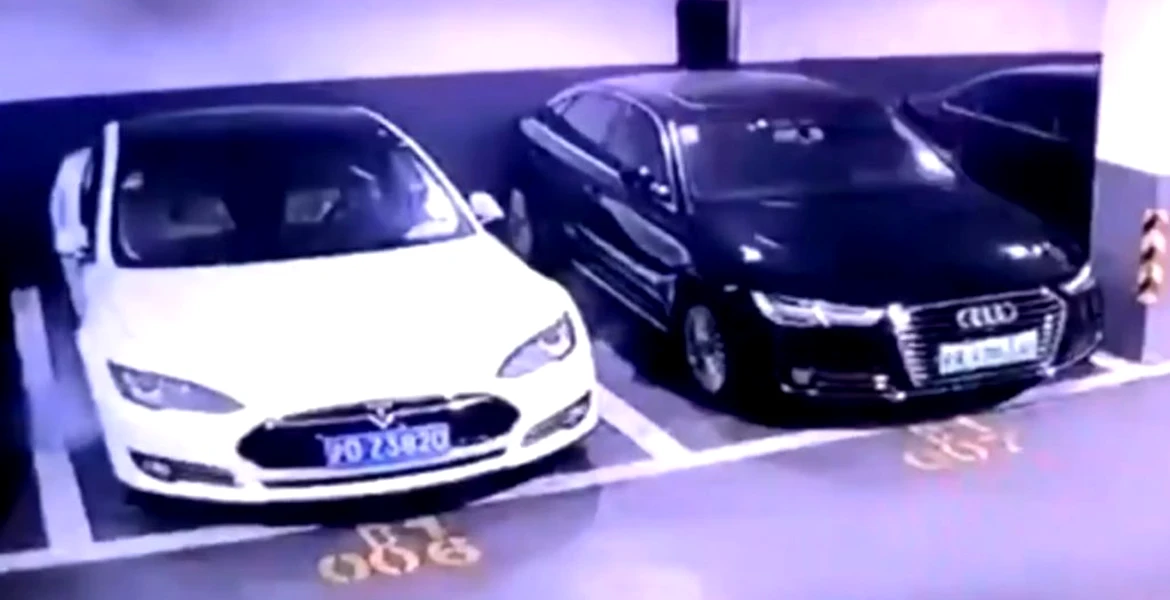 Momentul în care un model Tesla ia foc într-o parcare subterană – VIDEO