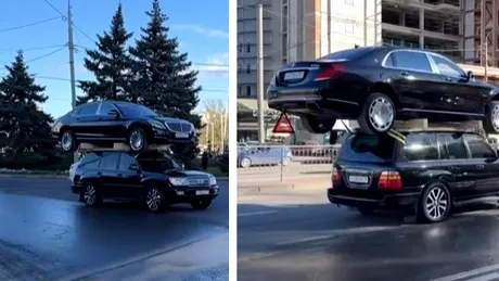 O Toyota a fost filmată în timp ce transportă un Maybach pe acoperiș - VIDEO