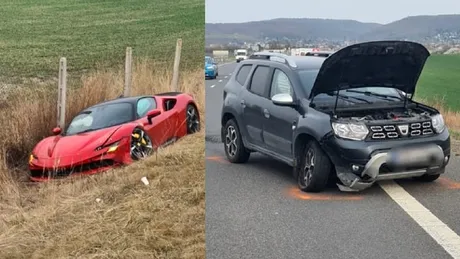 Un Ferrari a ajuns în șanț după contactul cu Dacia Duster - FOTO