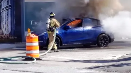 Șoferul unui Tesla Model Y s-a salvat în ultima clipă din mașina cuprinsă de flăcări (cu video)