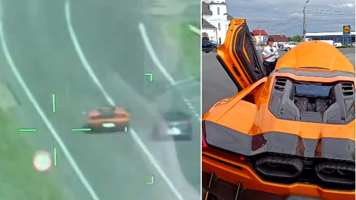 Video - Lamborghini Revuelto, filmat din elicopter după trei depășiri pe linie continuă. Șoferul a rămas fără permis pentru 180 de zile și a primit amenzi de aproape 3.900 de lei