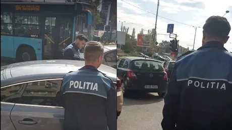 Doi poliţişti din Bucureşti lasă maşina „pe avarii” într-un loc nepermis şi merg la o casă de schimb valutar - VIDEO