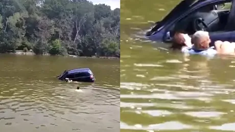 O șoferiță care a plonjat cu mașina în lac a fost salvată în ultimul moment - VIDEO