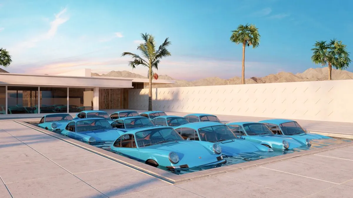 Ce caută 12 Porsche 911 Turbo albastre într-o piscină plină cu apă?