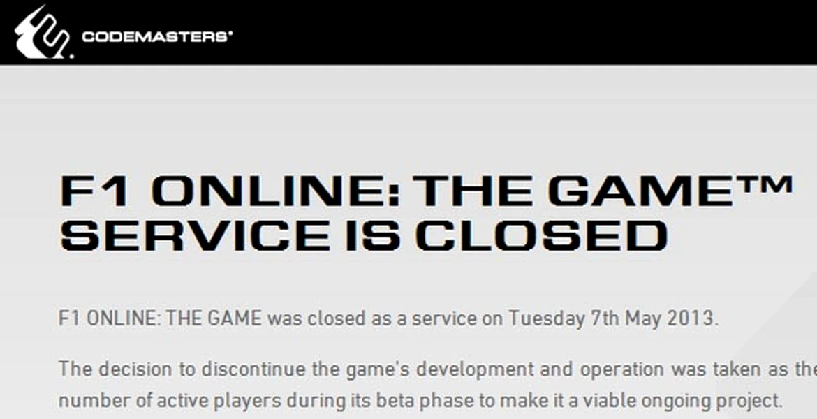 Jocul de maşini ”F1 Online: The Game” a fost închis de Codemasters
