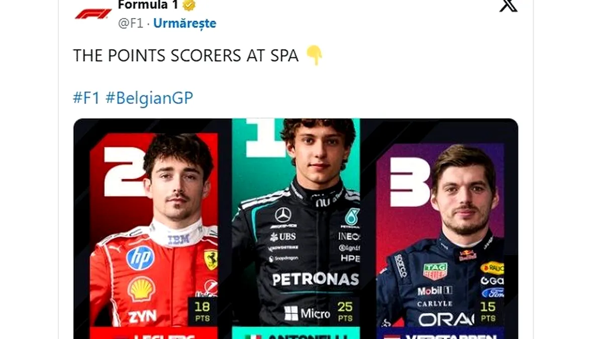 Kimi Antonelli câștigă Marele Premiu al Belgiei 2026. Mercedes își mărește avansul, dar George Russell abandonează