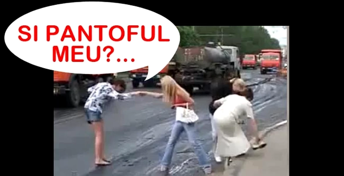VIDEO: Când se asfaltează fără minte, pietonii rămân fără… încălţări!