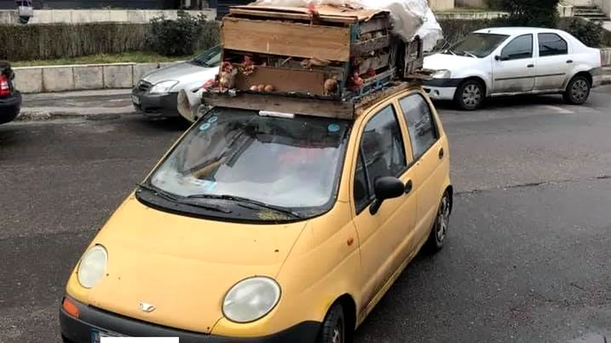 Coteț pe patru roți, la propriu! Un Matiz transportă găini prin Pitești