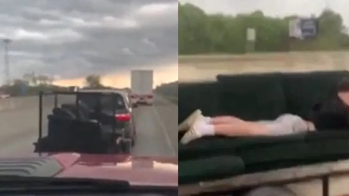 Cu canapeaua la viteză la autostradă. Un tânăr face un gest care putea să-l coste viața - VIDEO