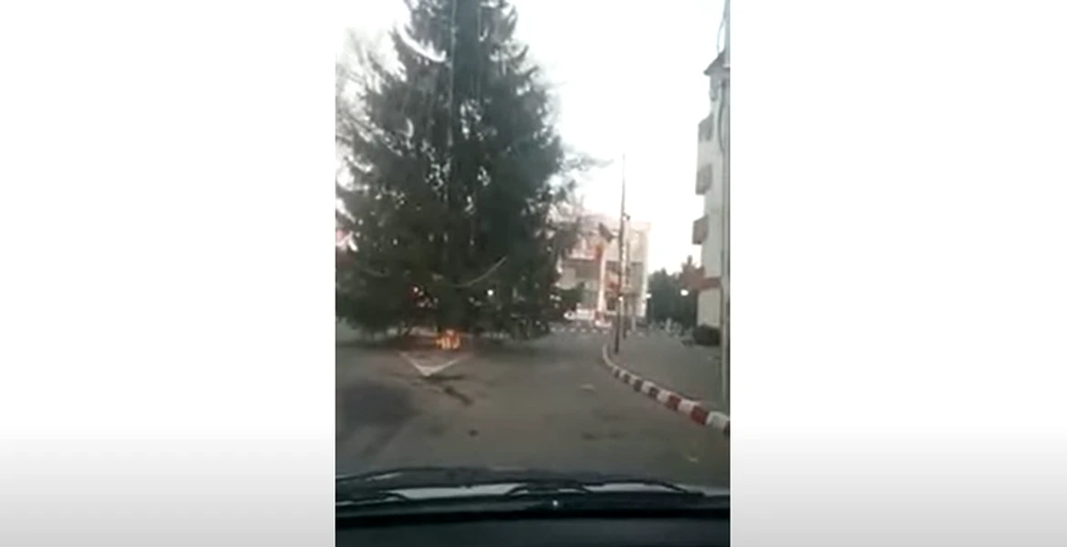 VIDEO. Un brad imens, montat în mijlocul intersecției într-un oraș din România