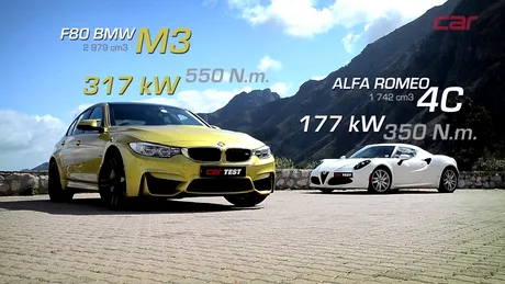 TEST: Alfa Romeo 4C vs BMW M3. Care e mai bună?