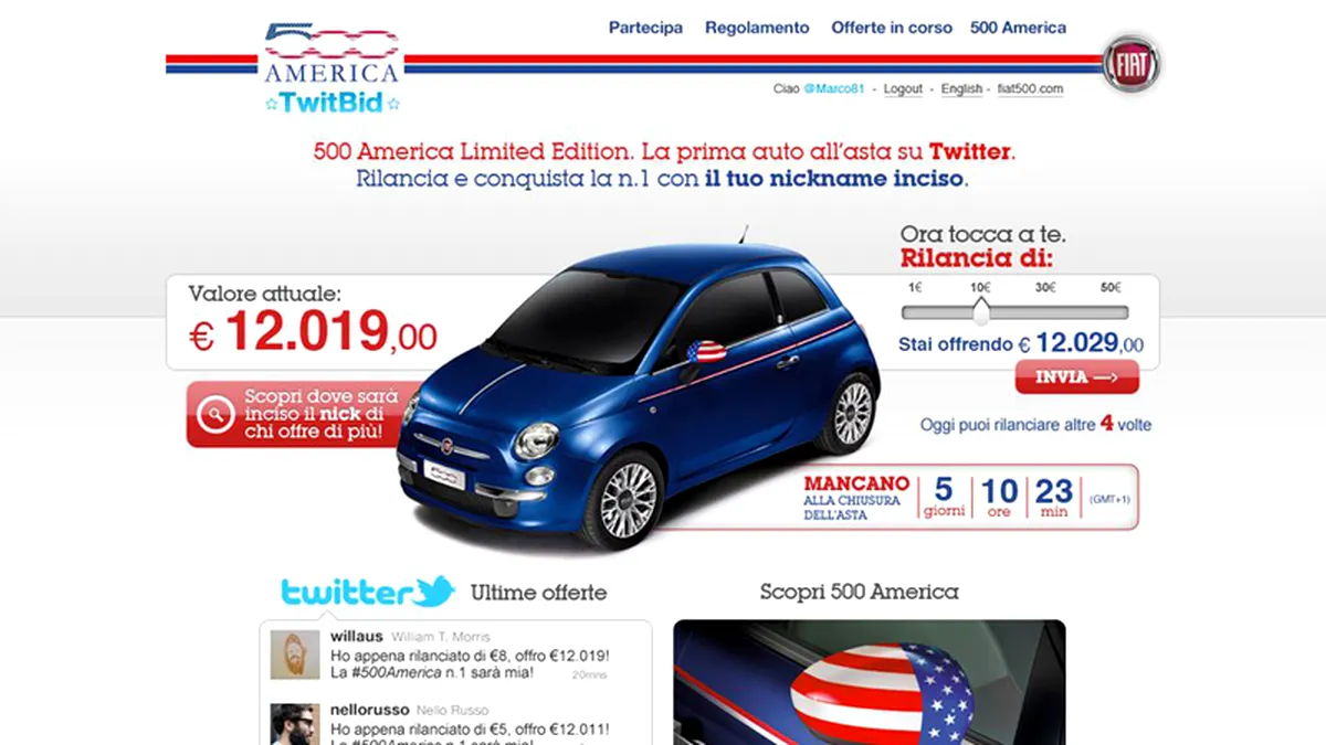 Licitaţie pe Twitter: Fiat 500 America “number one”