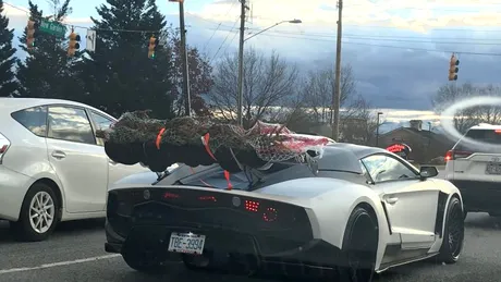 Un șofer a fost filmat în timp ce transportă bradul de Crăciun pe eleron - FOTO