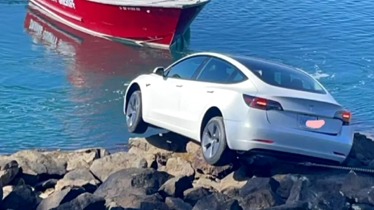Un șofer era să dea cu Tesla în lac după ce a încurcat pedalele - FOTO