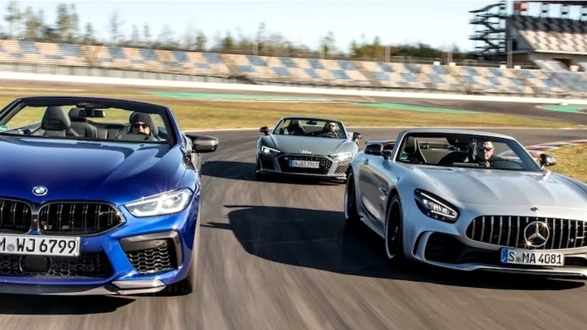 Momentul adevărului. Mercedes-AMG GT R, BMW M8 Competition și Audi R8 Spyder Performance se iau la întrecere pe circuit