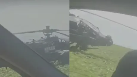 Un elicopter militar a aterizat pe un câmp din Constanța. Un șofer a oprit să îi dea o mâna de ajutor pilotului - VIDEO