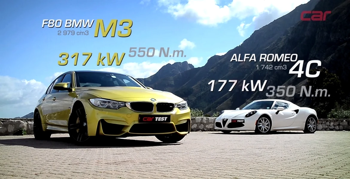 TEST: Alfa Romeo 4C vs BMW M3. Care e mai bună?