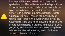 Mesaj Ro-Alert privind posibilitatea căderii unor obiecte din spațiul aerian, în Tulcea