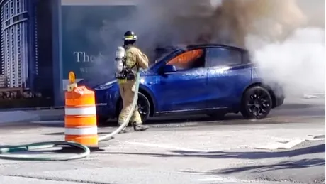 Șoferul unui Tesla Model Y s-a salvat în ultima clipă din mașina cuprinsă de flăcări (cu video)