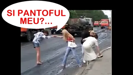 VIDEO: Când se asfaltează fără minte, pietonii rămân fără... încălţări!