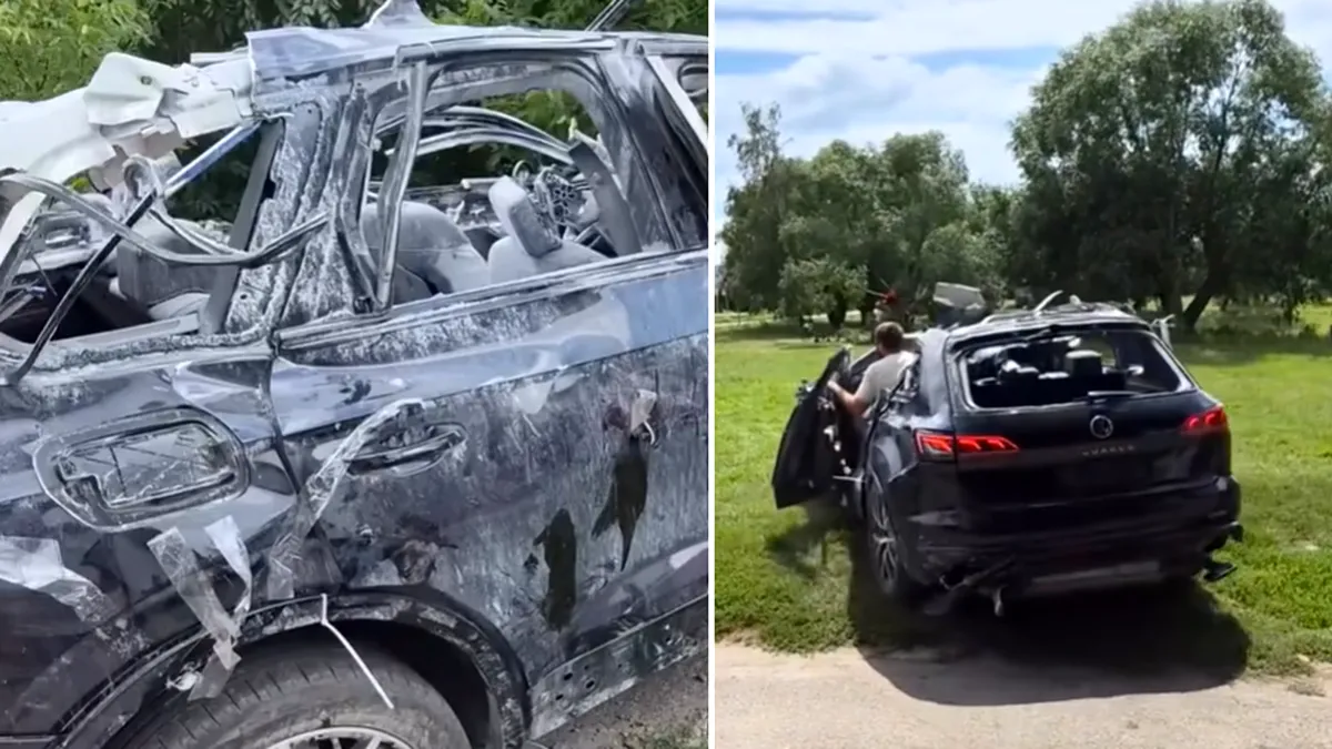 Video - VW Touareg a supraviețuit exploziei unei rachete balistice în Ucraina. SUV-ul a pornit și a plecat pe roți după atac