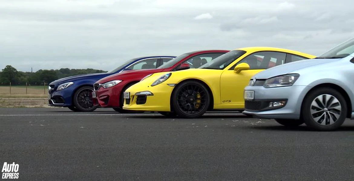 Launch control: VW Polo BlueMotion vs BMW M4, Mercedes-AMG C63 şi Porsche 911 Carrera 4 GTS. VIDEO