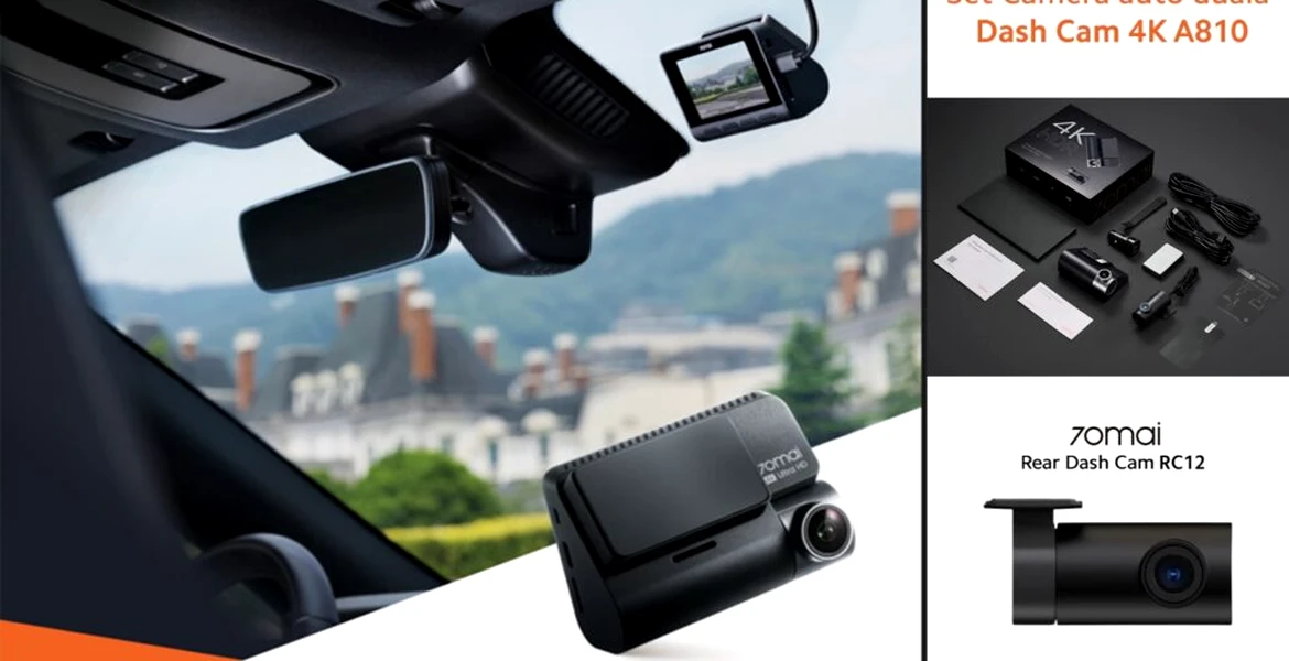 (P) 70mai Dash Cam 4K A810, cea mai nouă și performantă cameră auto duală 70mai – în varianta set (cameră parbriz A810 și RC 12 prima cameră de luneta 70mai cu HDR)